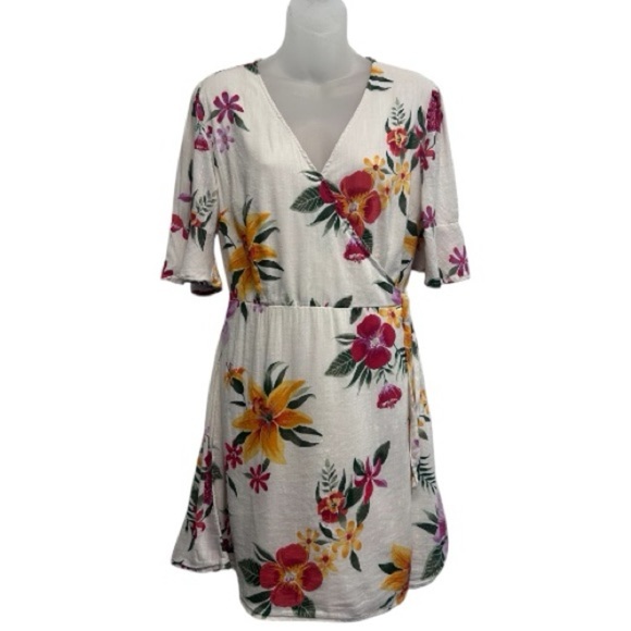 Old Navy White Tropical Floral Waist-Defined Bell-Sleeve Faux-Wrap Dress Size M - Picture 4 of 11
